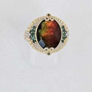 Rare Natural Ammolite & Emerald Ring Palladium Sterling Silver 18k Size 8!